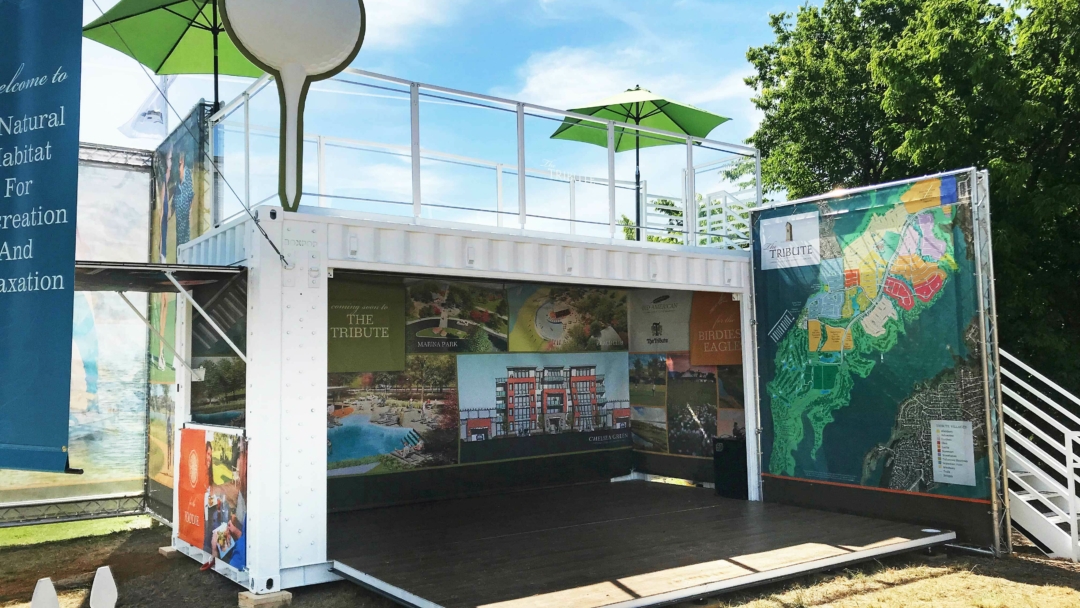 A custom BoxPop shipping container fan zone at the LPGA