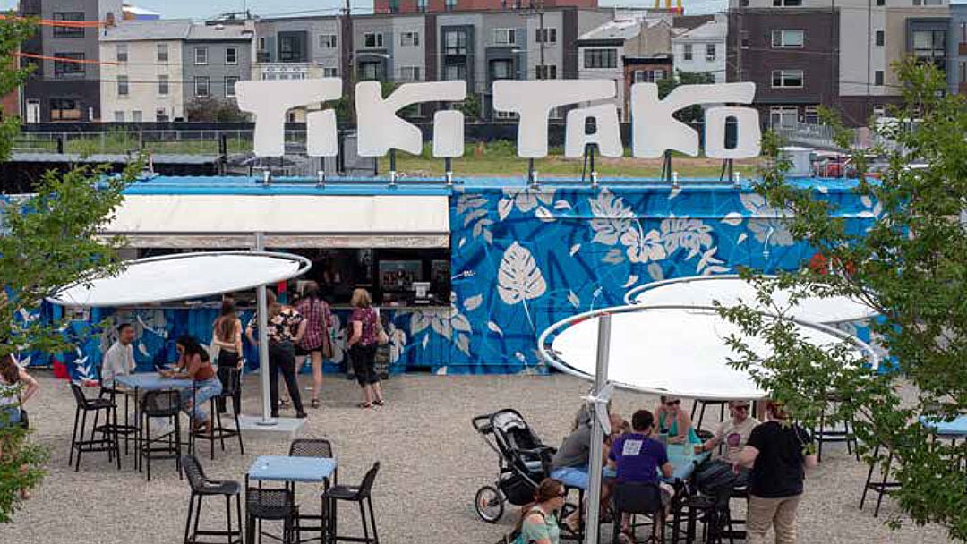 BoxPop 40 custom shipping container being used as a tiki bar