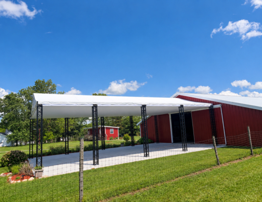 Sunny Rural Pavilion and Red Barn