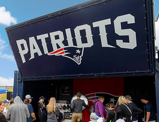 BoxPop shipping container set up for fans at a New England Patriots game